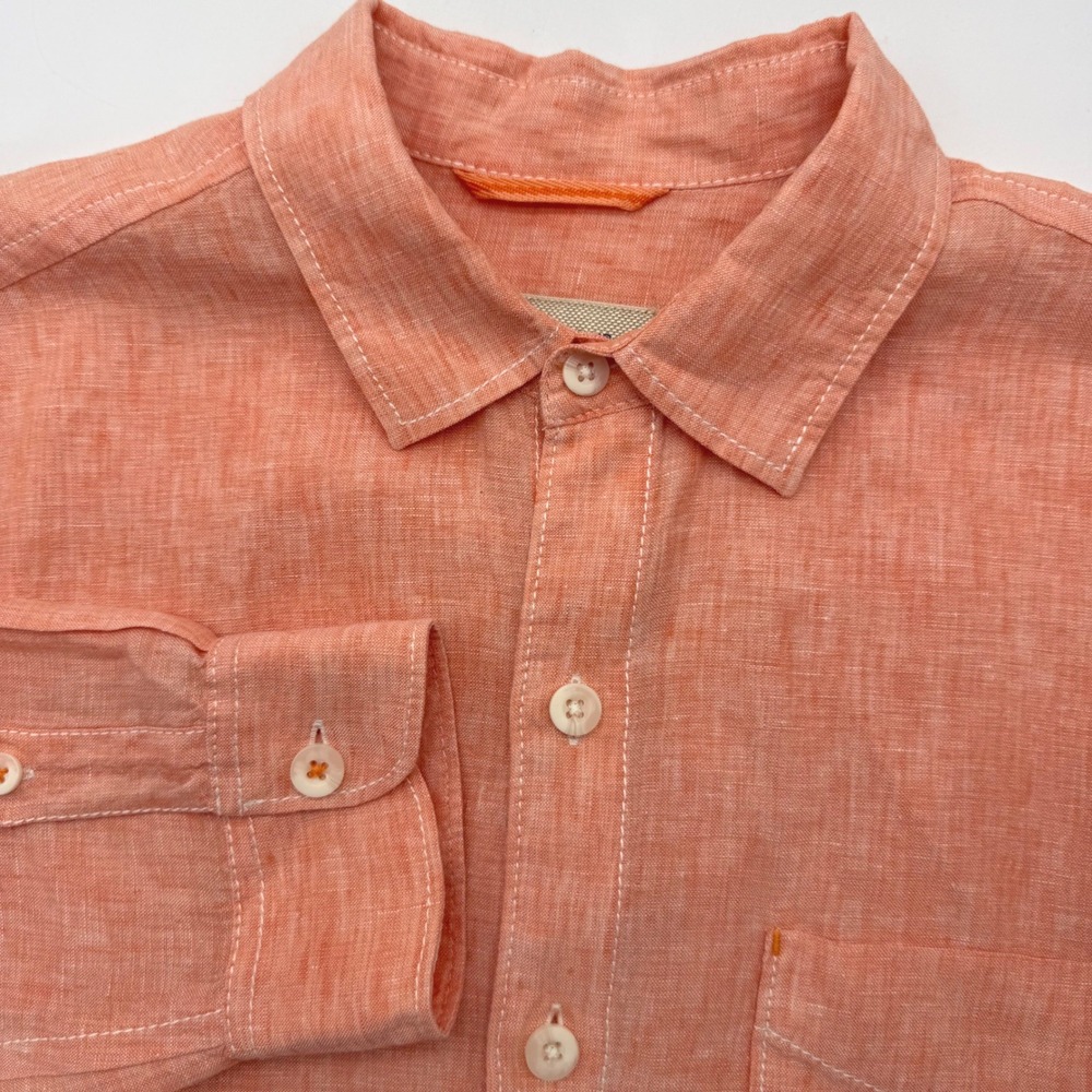 Tommy Bahama Button Up Shirt Mens M Orange Linen Relax Long Sleeve Coral Pocket